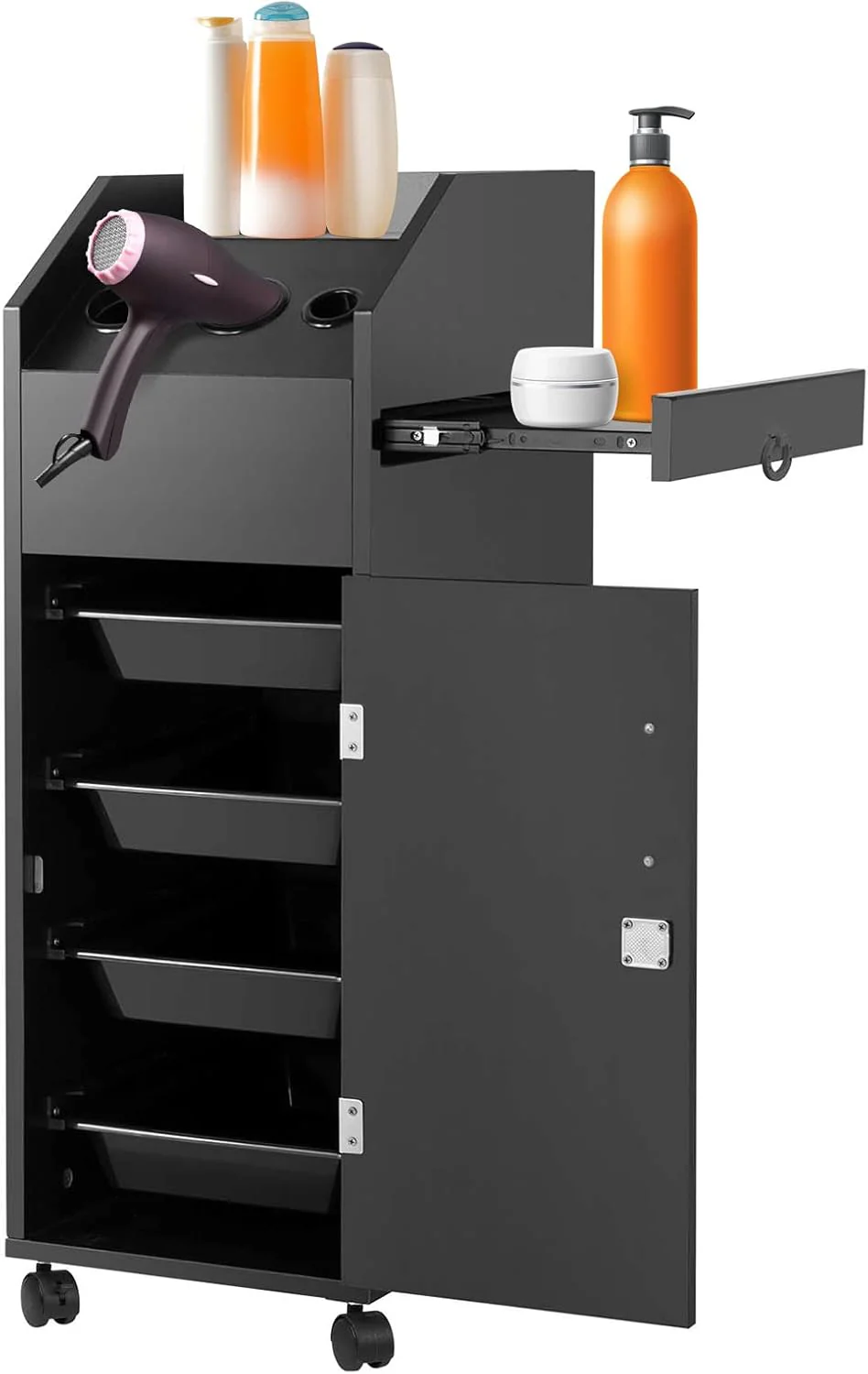 Hair Salon Trolley Cart Salon Storage Cart Rolling Salon Cart with Wheels Lockable Drawers Hair Dryer Holders Side Tray for Barbershop Tattoos Beauty Hairdresser Station, Black(Black)