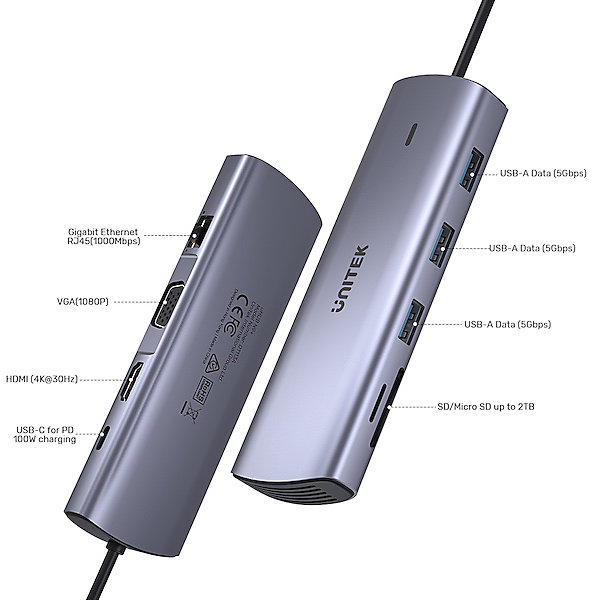 Hub USB-C-RJ45-HDMI-SD/Micro SD-PD 100W UNITEK