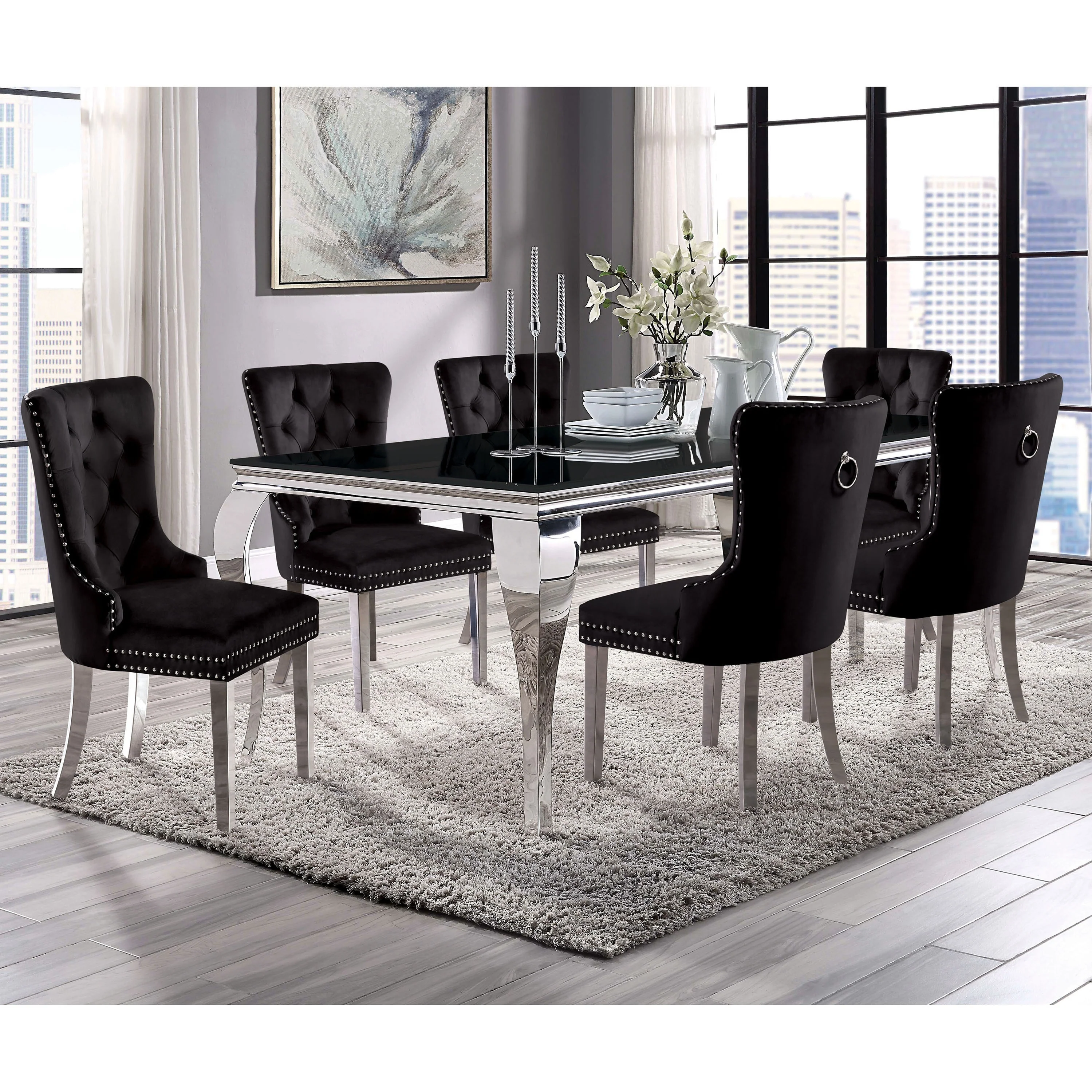 Furniture of America Pizo Glam 79-inch Chrome Leg Glass Top Dining Table