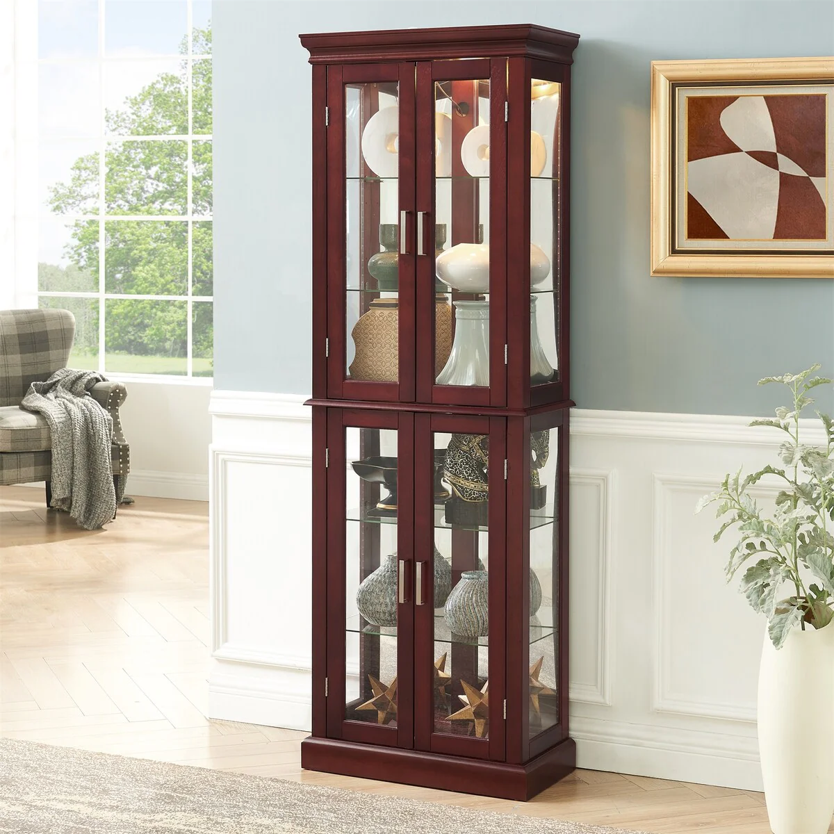6 Tier Lighted Curio Diapaly Cabinet with Adjustable Shelves