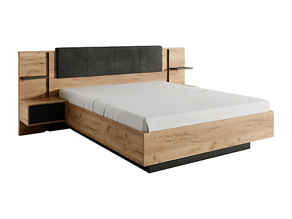 Lit avec chevets 140 x 190 cm - Avec LEDs - Coloris : Naturel et anthracite   Sommier   Matelas Confort - ELYNIA