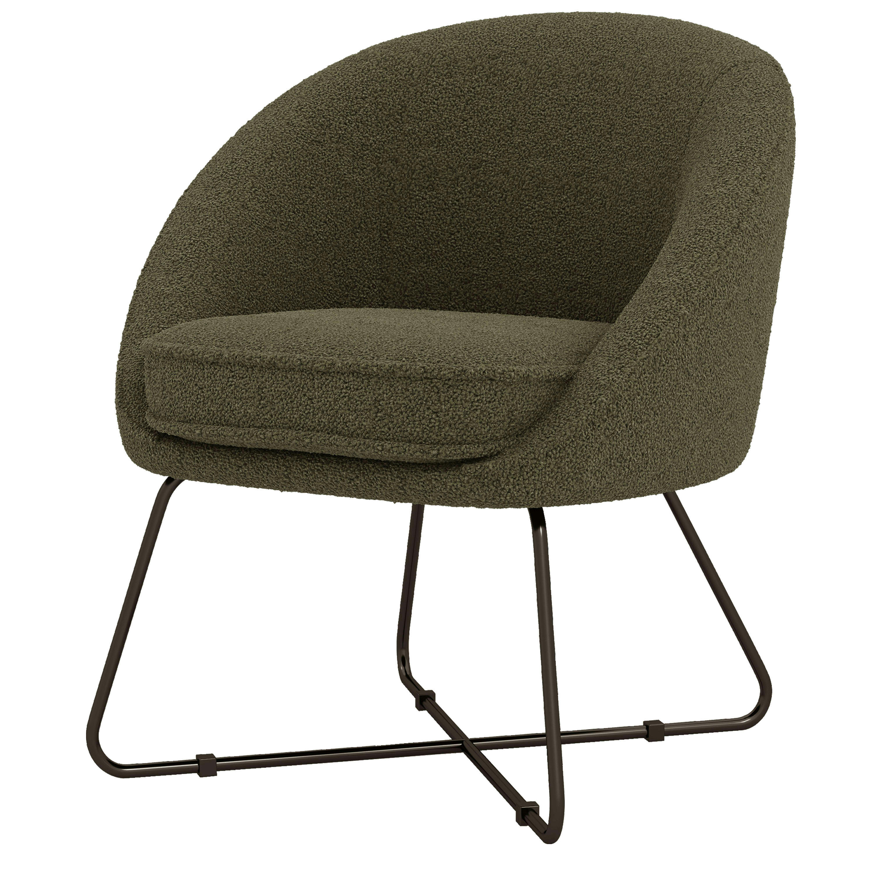 JONAS - Fauteuil lounge en tissu bouclette Army et pieds métal noir