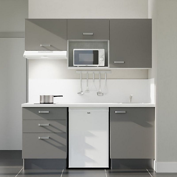 Kitchenette K20 - 180 cm - Façades : Gris - Plan de travail : Blanc - Crédences : Oui - Evier