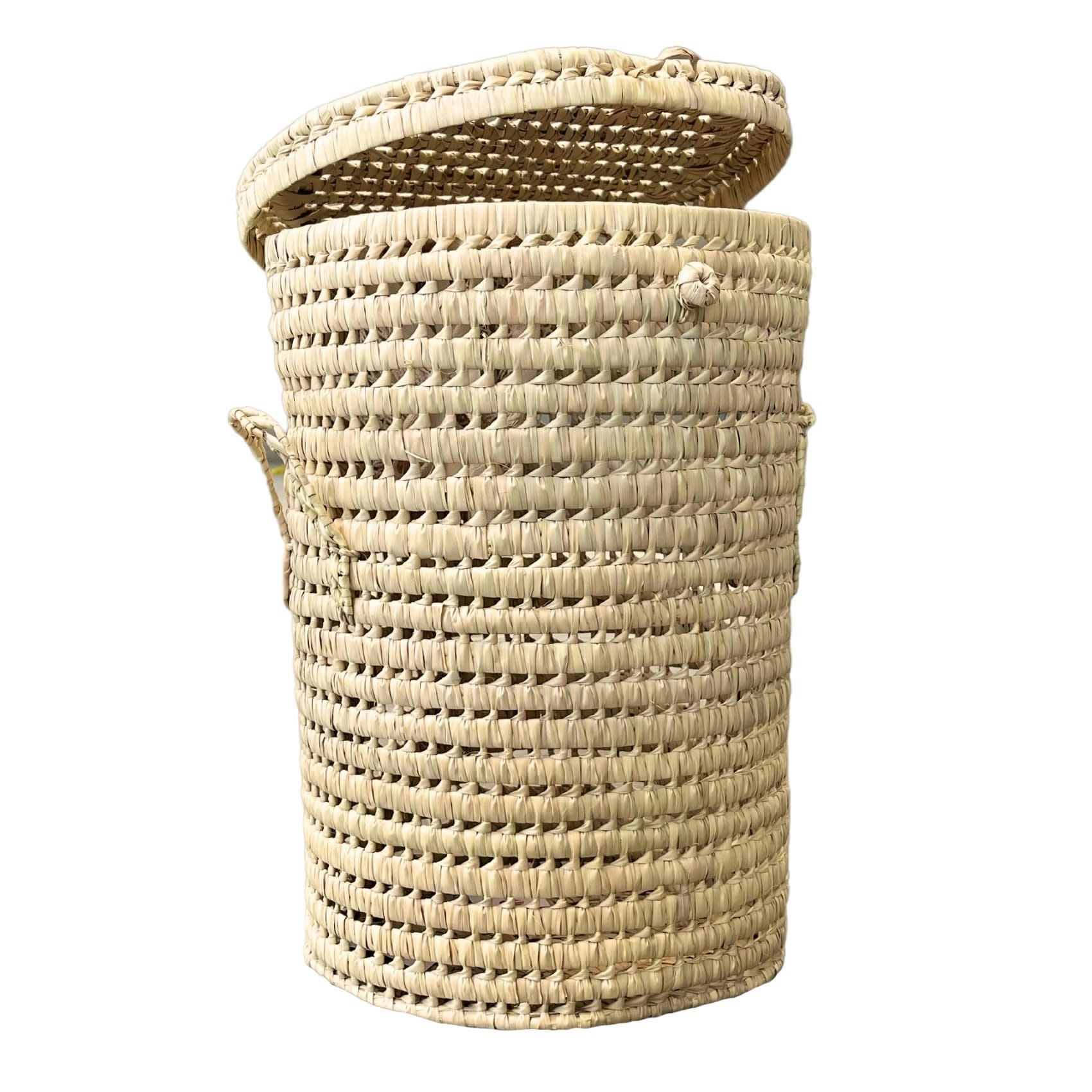 - Panière à linge ronde palmier osier naturel 38x38x53 cm