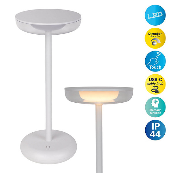Lampe de table à accu PASI intérieur extérieur métal plastique blanc intensité variable tactile fonction mémoire hauteur 26cm