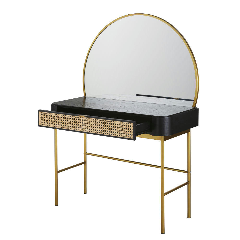 Loreto - Coiffeuse 1 tiroir noire cannage en rotin et métal coloris laiton