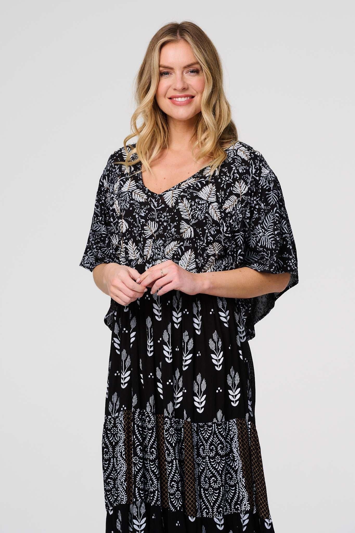 Izabel London Leaf Print 3/4 Kimono Sleeve Maxi Dress