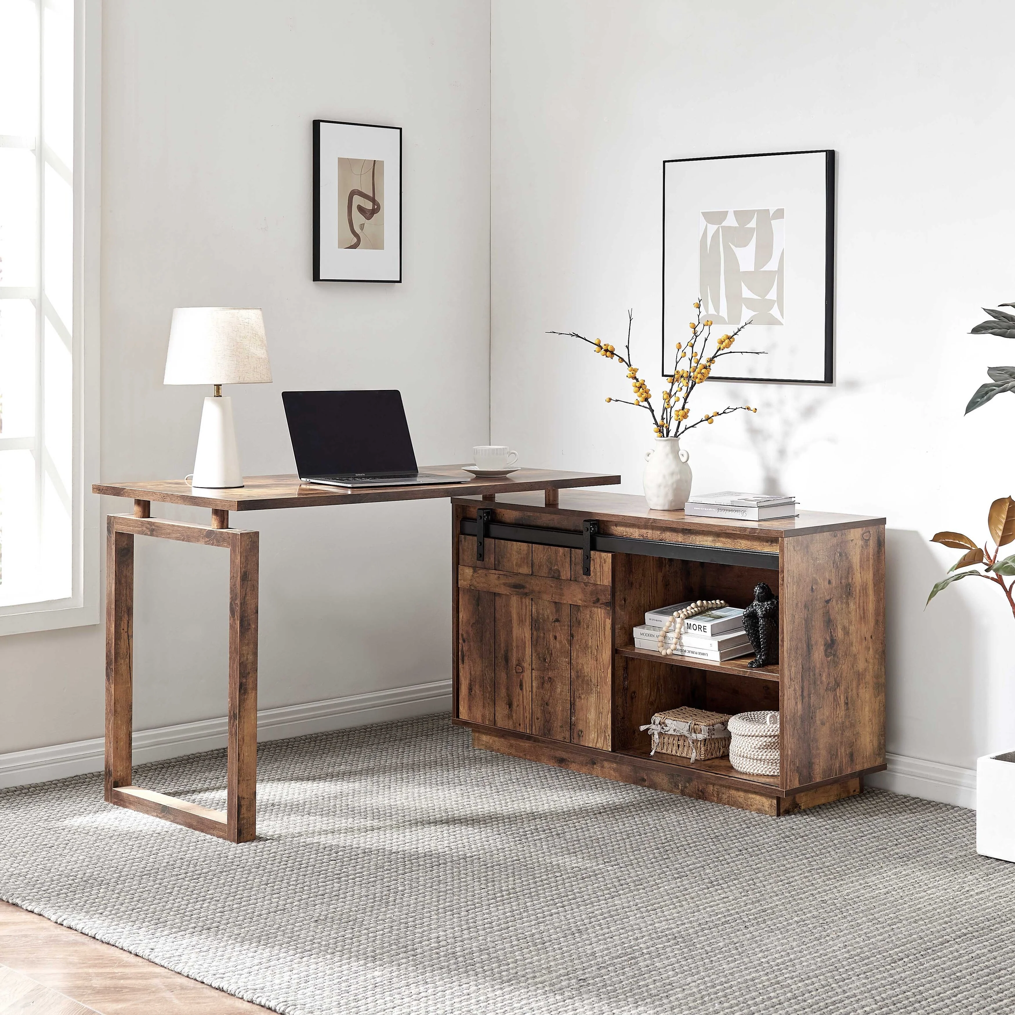 Desk L-shaped Workstation Home Office attached storage credenza sliding barn door finished on the back reversible Hazelnut