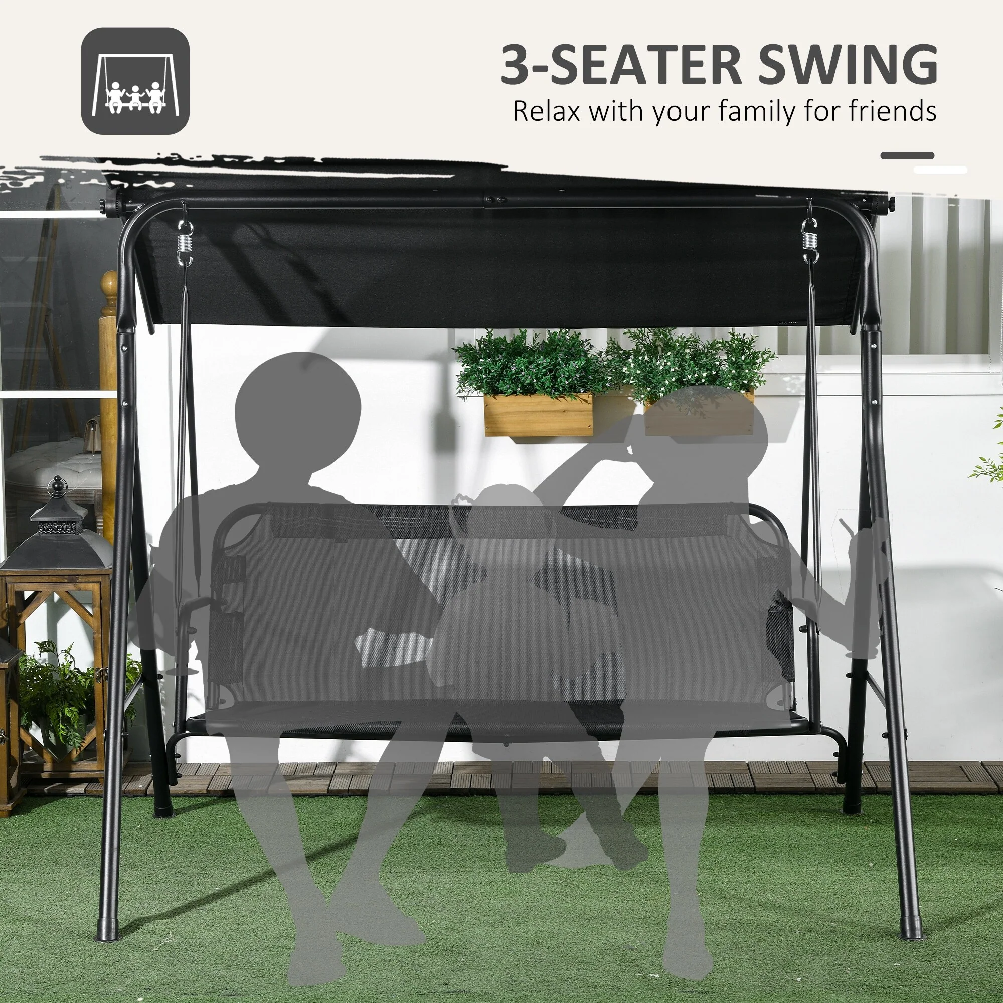 Steel 3-Seat Patio Swing with Stand and Removable Cushion - Outdoor Canopy Swing (529lb Capacity)