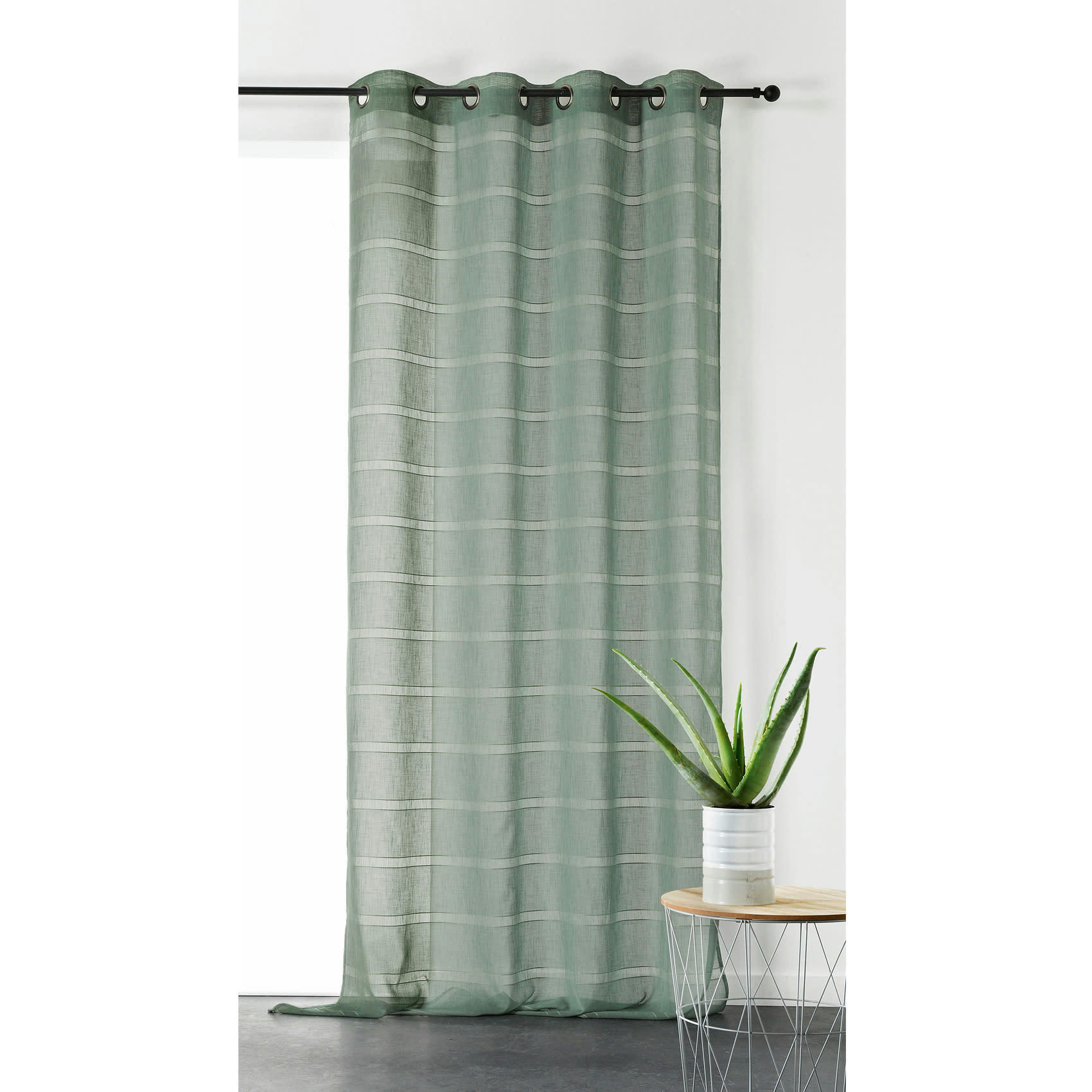 - Voilage rayé et tamisant cordelette polyester vert foncé 140x250 cm