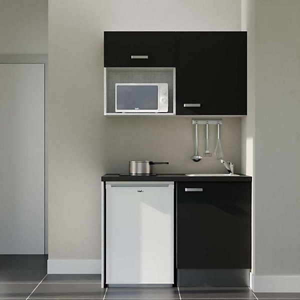 Kitchenette K07 - 120 cm - Façades : Noir - Plan de travail : Noir texturé - Crédences : Non - Evier Inox