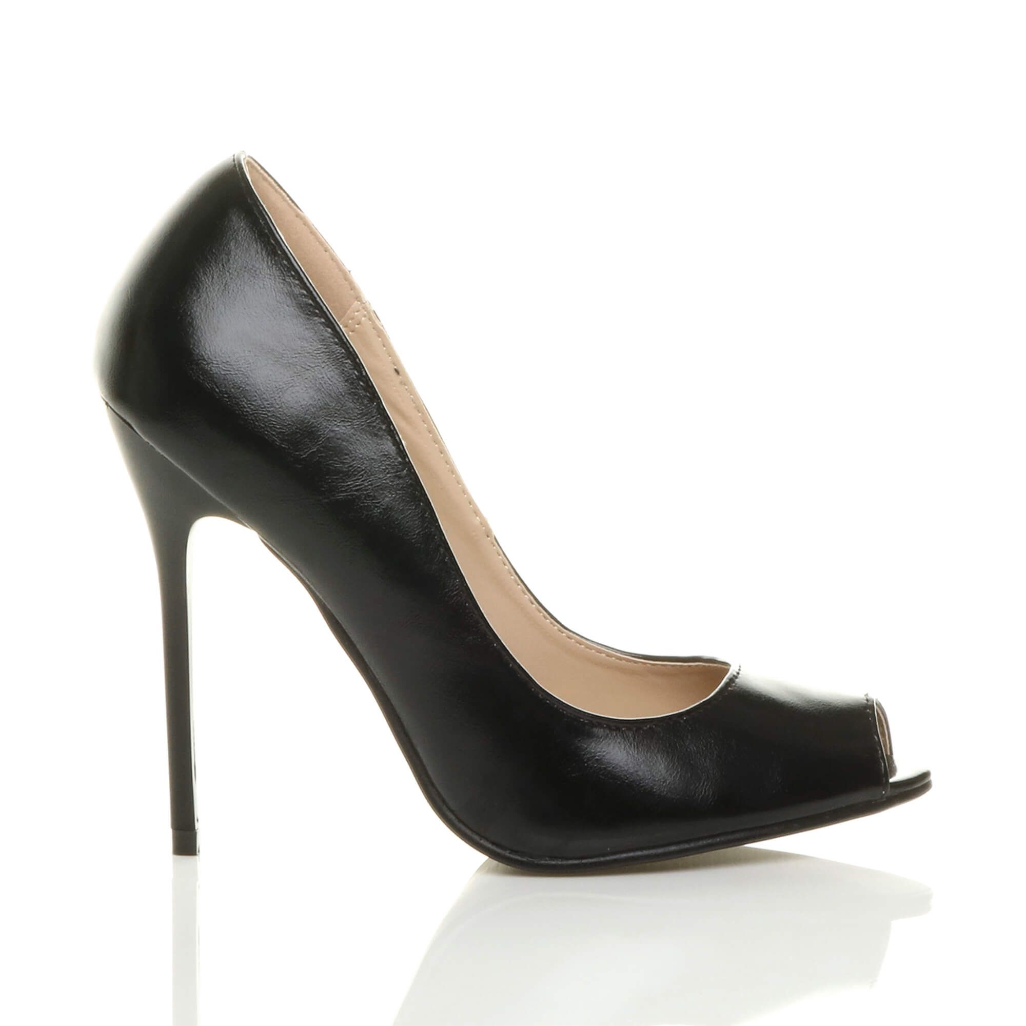 AJVANI High Stiletto Heel Peep Toe Faux Leather Court Shoes