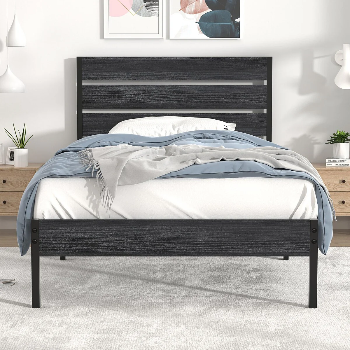 Javlergo Platform Bed Frame with Wood Headboard, Strong Metal Slats Support/No Box Spring Needed, Black