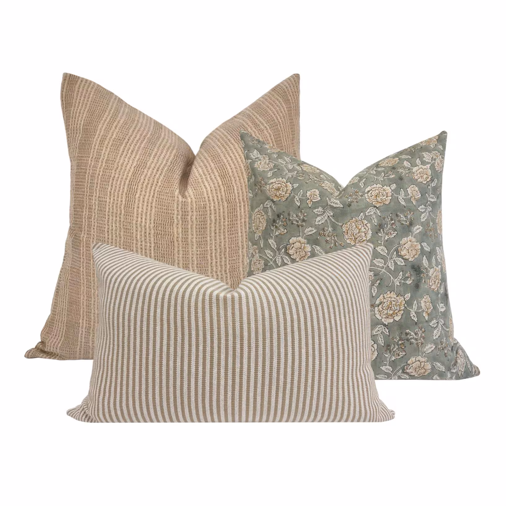 PILLOW COMBO || Set Of Three Designer Pillow Covers, Brown Striped Pillow, Floral Linen Pillow, Taupe Striped Pillow, Sofa Combo