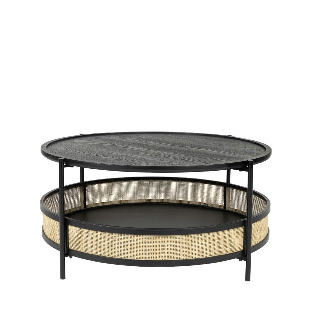 MAKOTO - Table basse ronde en bois et cannage D80cm noir