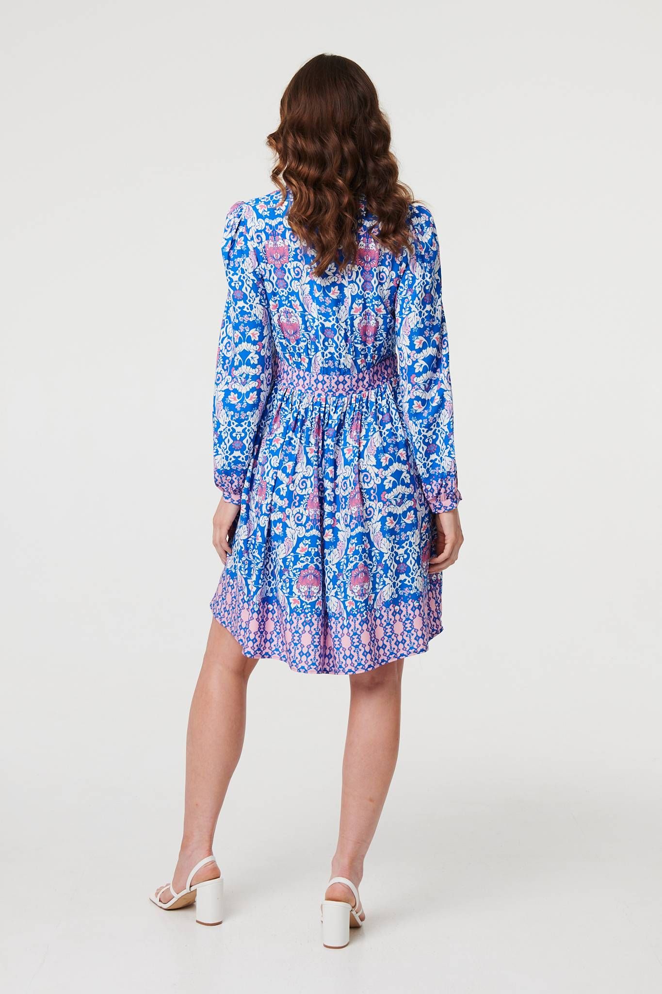 Izabel London Printed Long Sleeve Shirred Short Dress