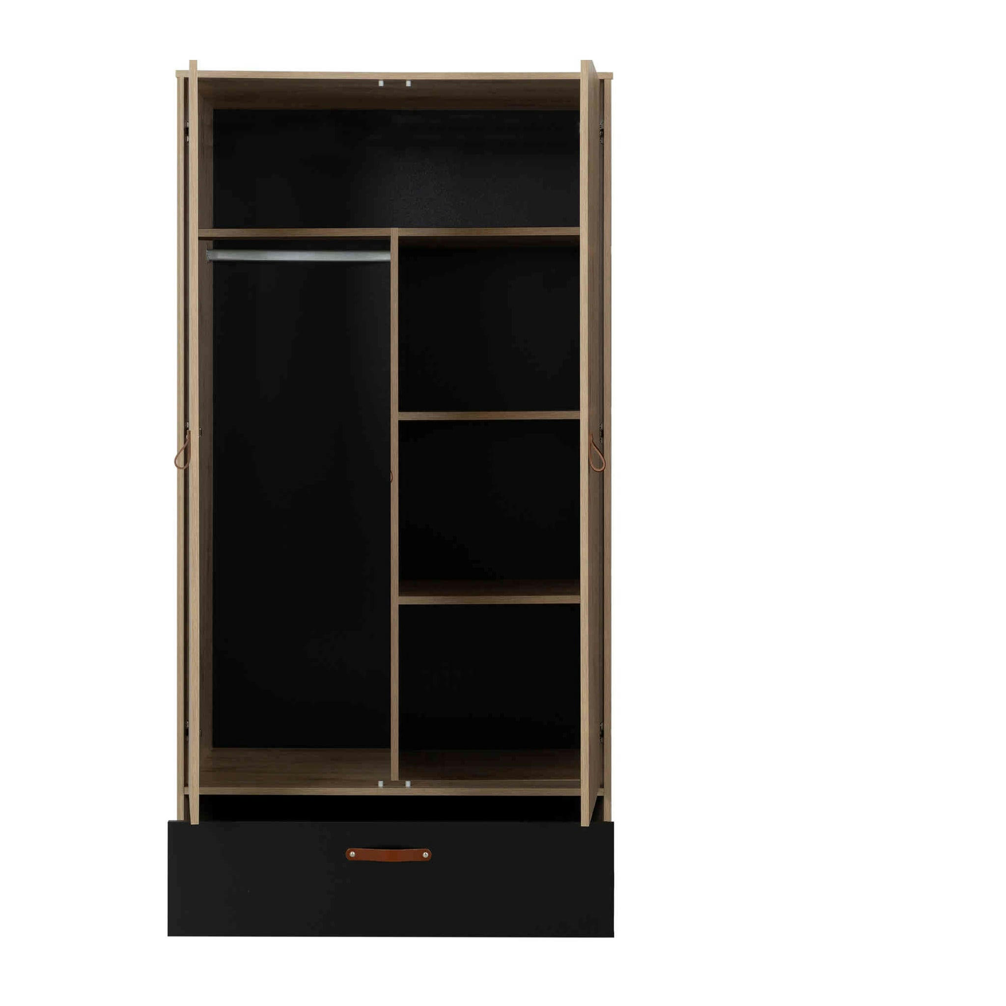 - Armoire 2 portes 1 tiroir en bois imitation chêne clair et noir 200cm