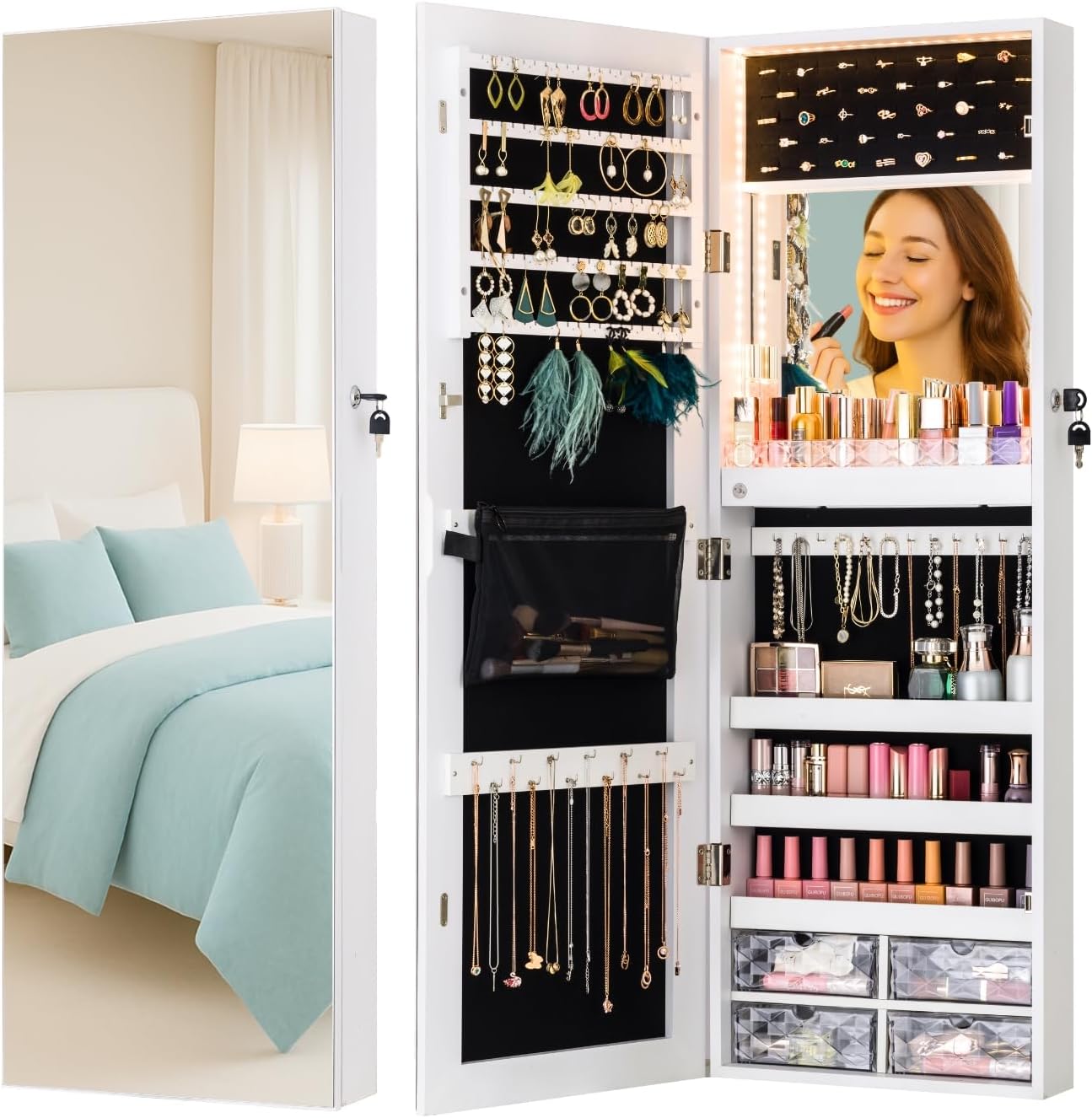 LUXFURNI LED Lights Mirror Jewelry Cabinet Wall Mounted or Door-Hanging, 42 Full Length Mirror with Storage, Built-in Makeup Mirror, Lockable Jewelry Mirror Organizer, White
