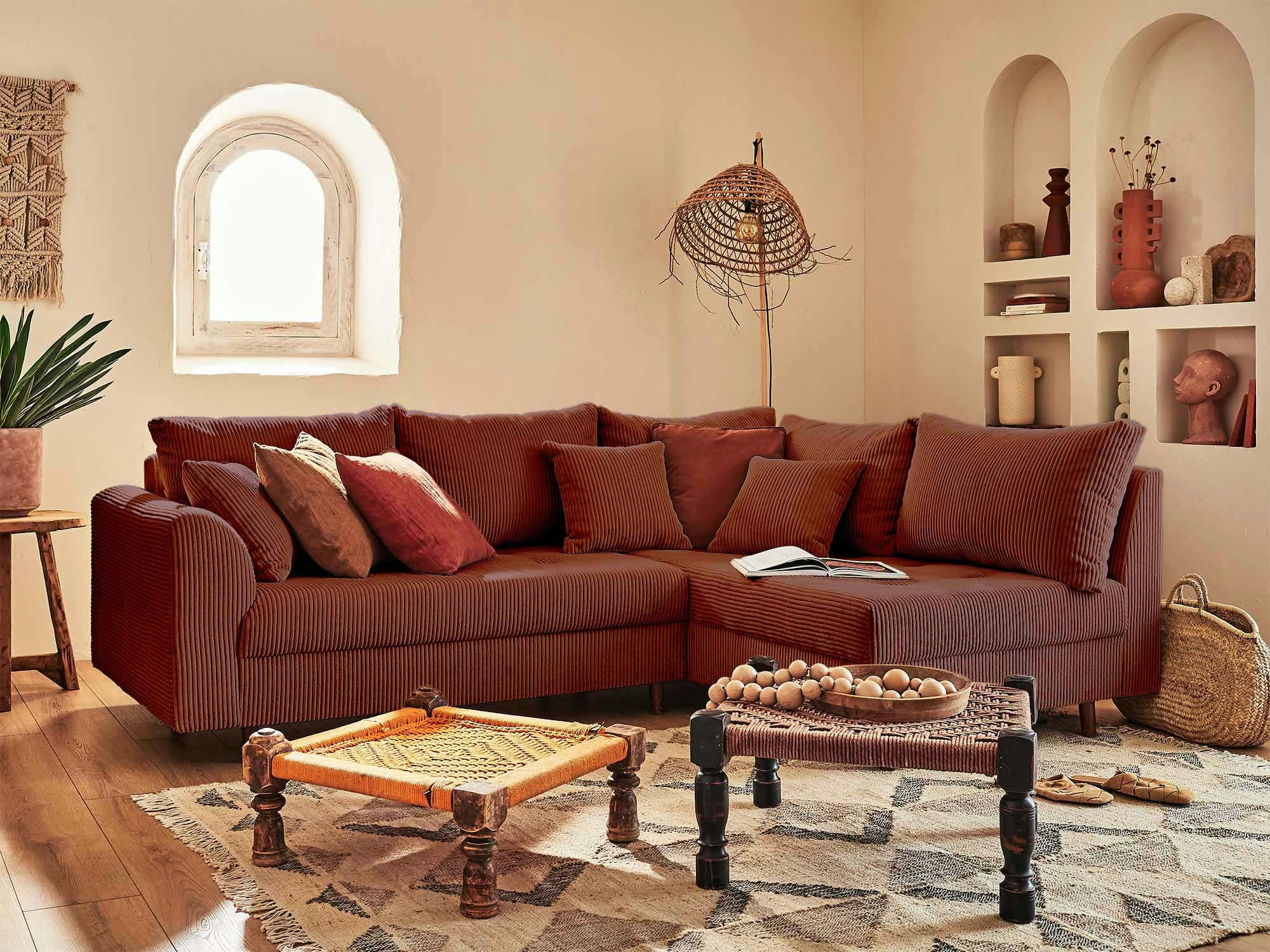 RUNE - Canapé d'angle droit 4 places en velours côtelé terracotta