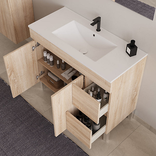Meuble sous vasque seul, 2 tiroirs et 2 portes, 100cm, simple vasque - cambrian (chêne clair) - HARO
