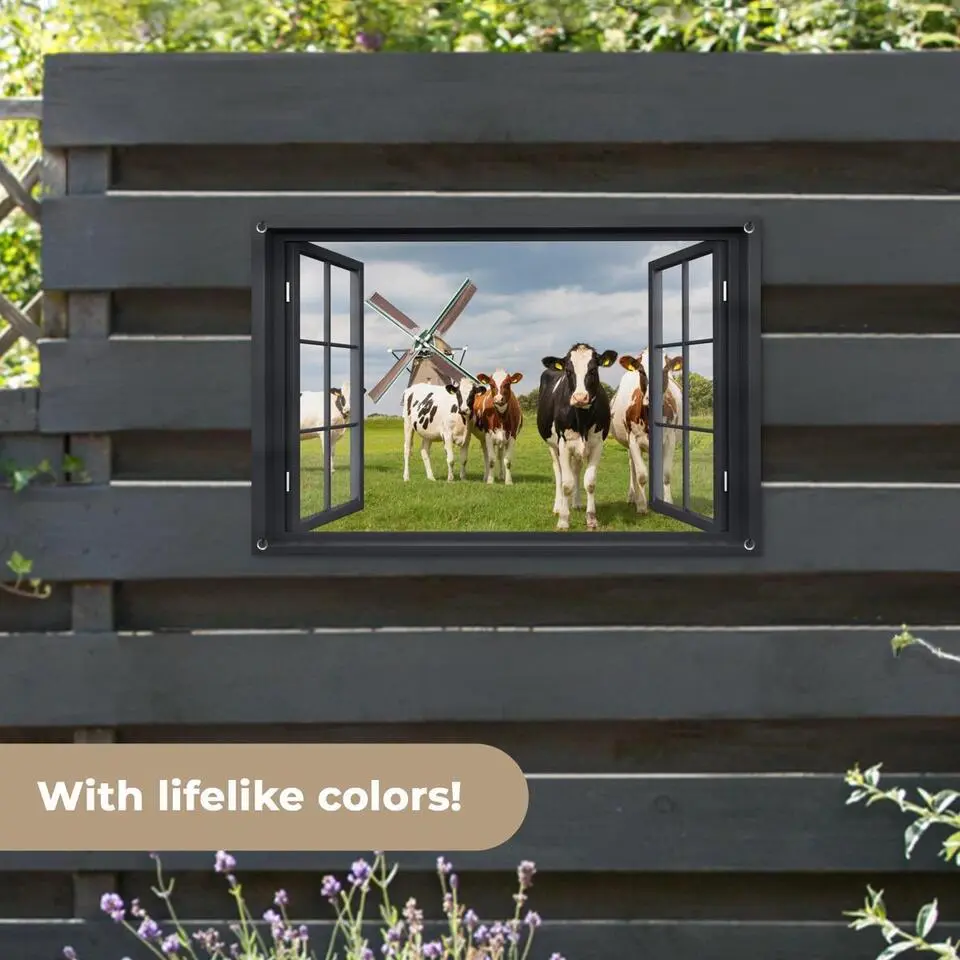 MuchoWow Tuinposter 90x60cm Doorkijk Koe Molen Koeien