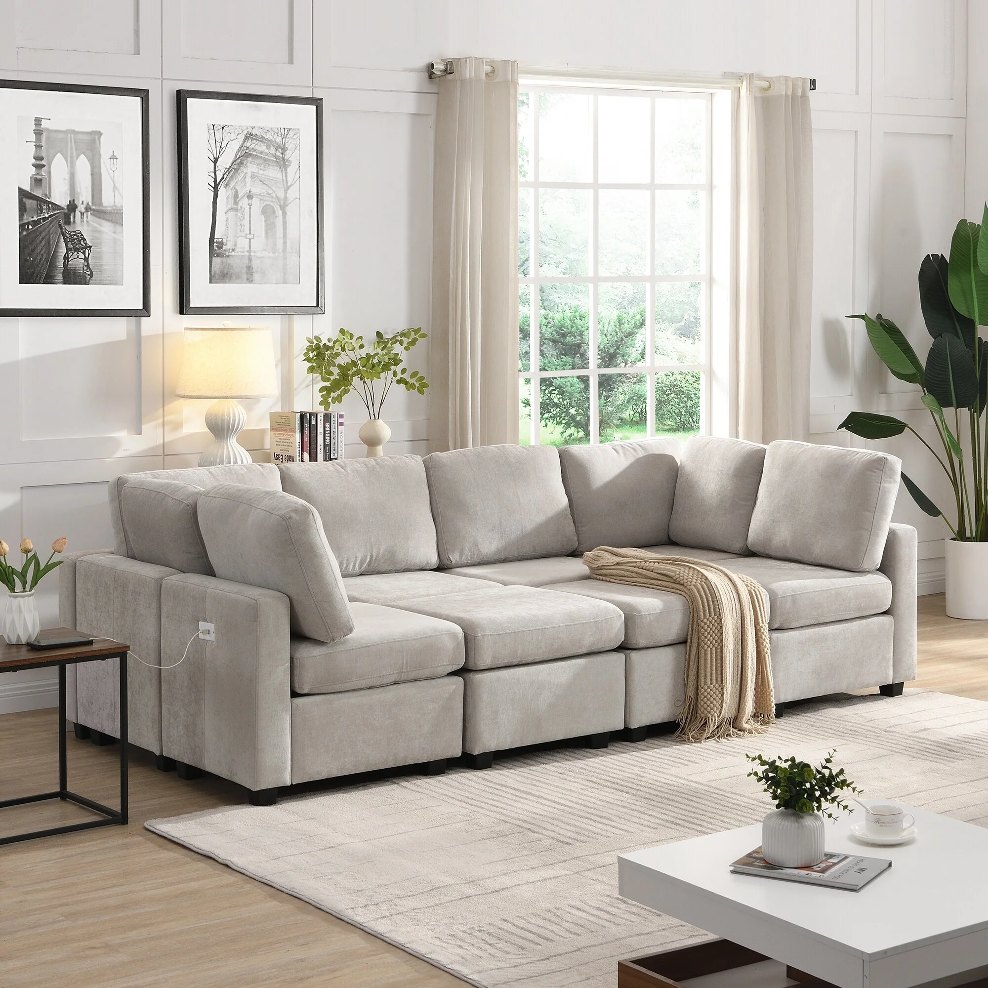 103 U-Shaped 6-Seat Sectional Sofa with Movable Ottomans, Plush Chenille Fabric, 3 USB Ports, and Versatile Seating