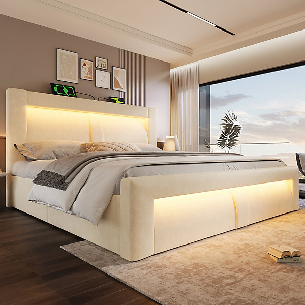 Lit coffre rembourré 160x200cm avec porte-gobelet - ports USB et Type-C - avec sommier à lattes - Lin - Beige (sans matelas)