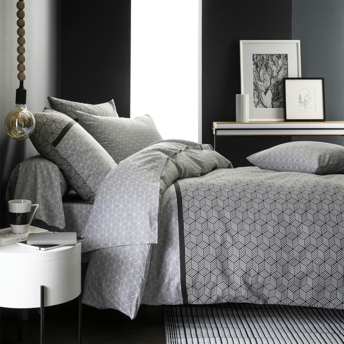 QUENTIN - Drap housse imprimé en bambou blanc et noir 160x200
