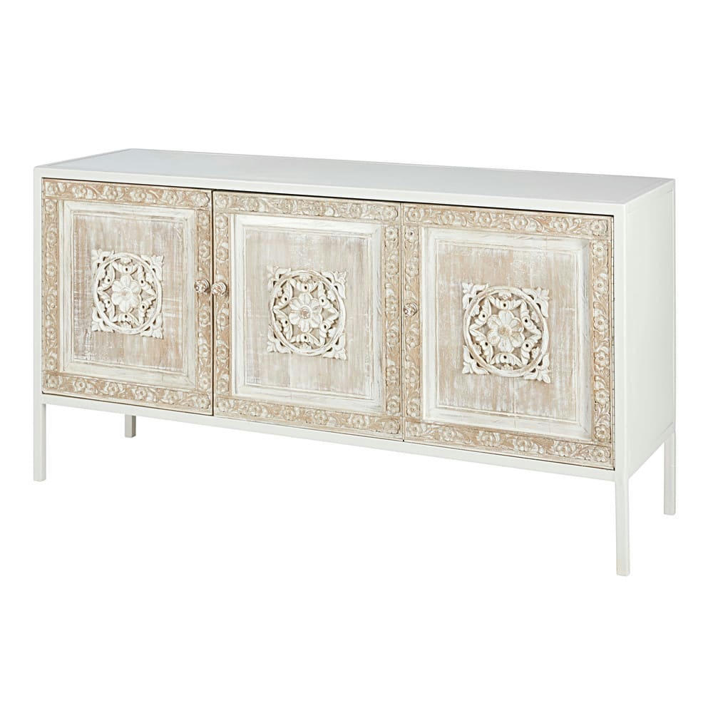 Mambok - Buffet 3 portes en métal blanc et manguier sculpté