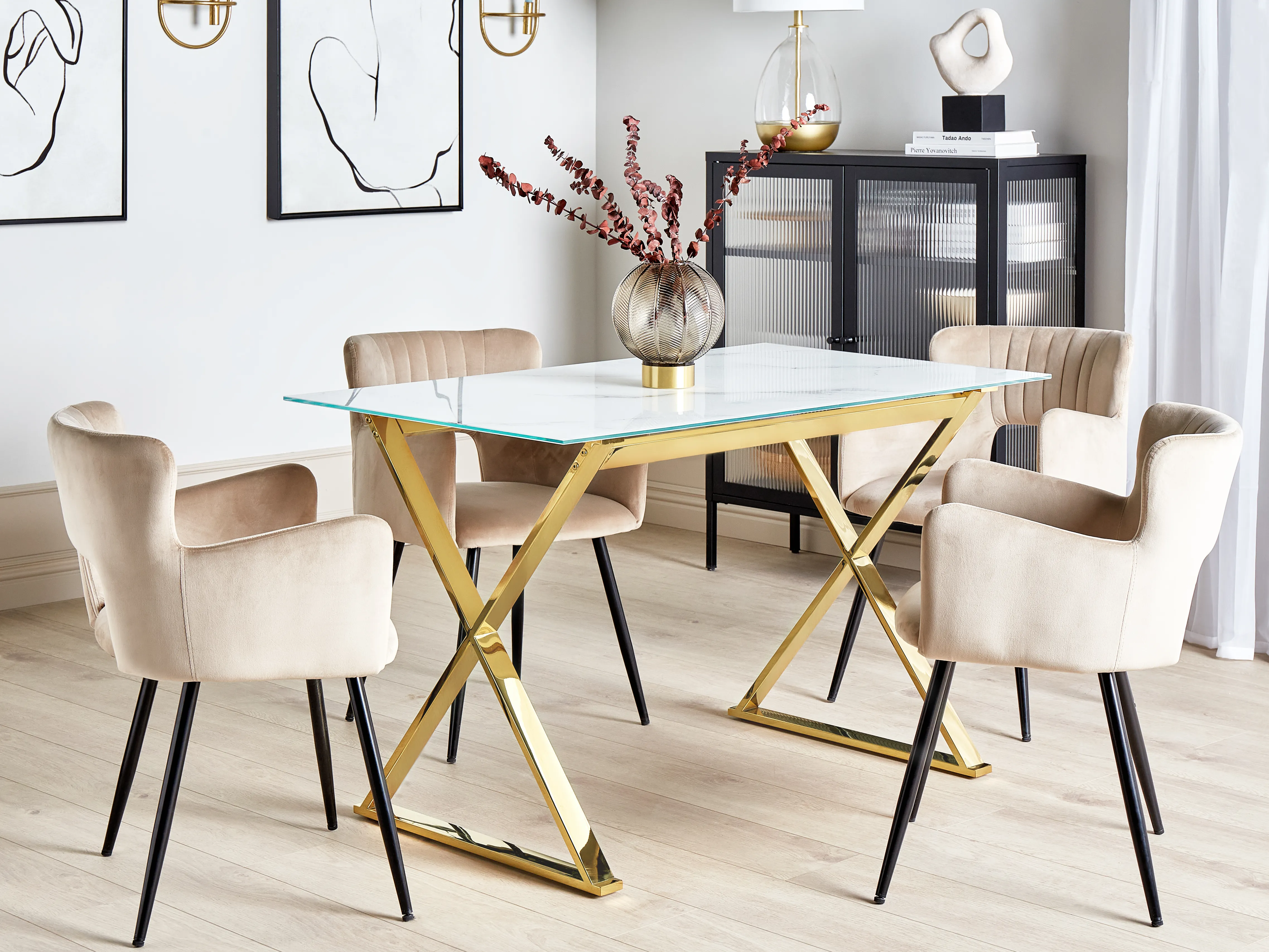 Dining Table ATTICA Marble/ Gold 120 cm 70 cm Tempered Glass
