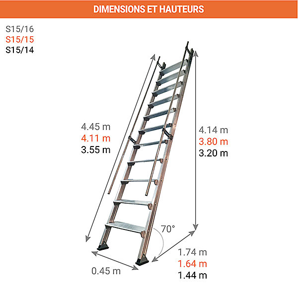 Echelle de meunier 14 marches - Hauteur à franchir 4.14m - S15/16