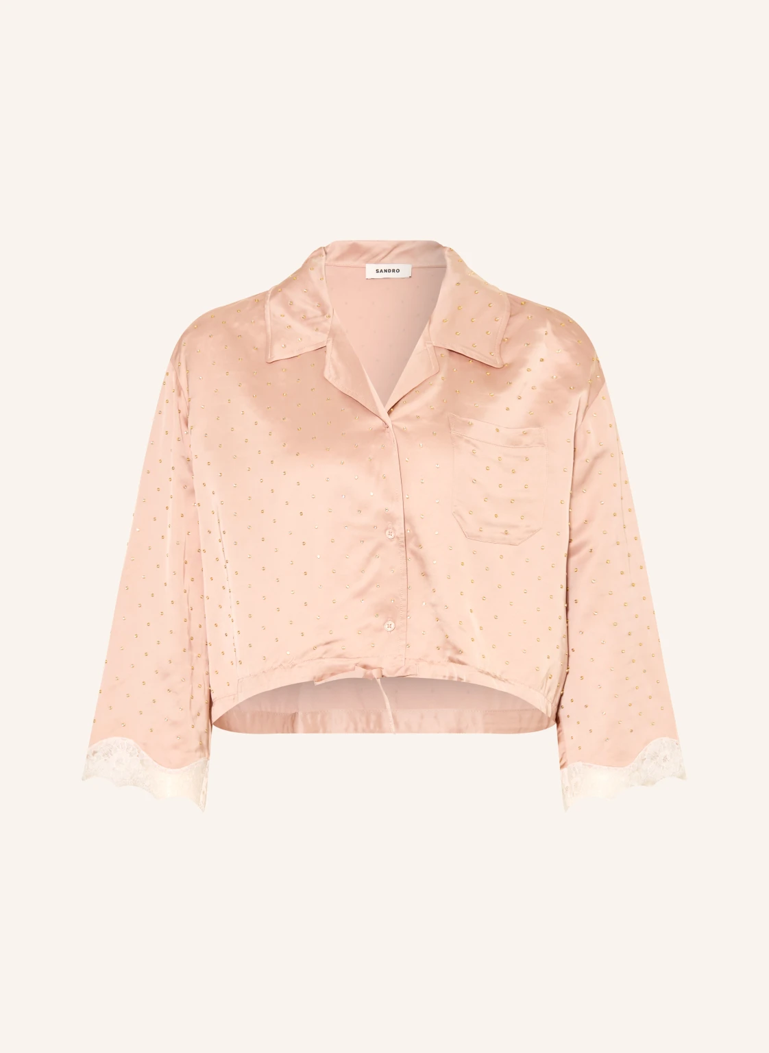 SANDRO Satinbluse mit Schmucksteinen und Spitze