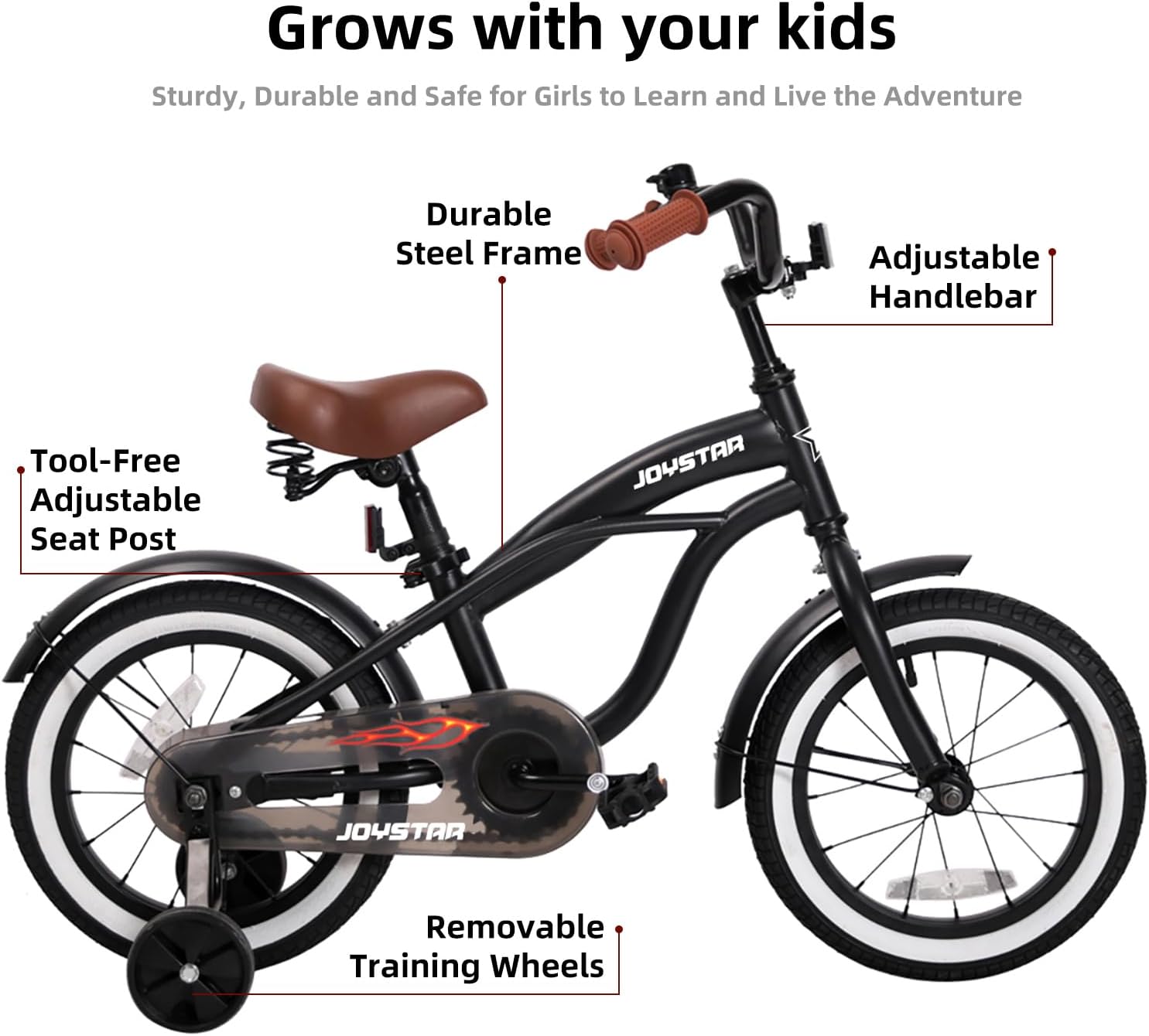 JOYSTAR 12 14 16 Inch Kids Cruiser Bike for Ages 2-7 Years Old Girls & Boys, Kids' Bike with Training Wheels, Coaster Brake, Adjustable Seat & Fenders, Child Bicycles