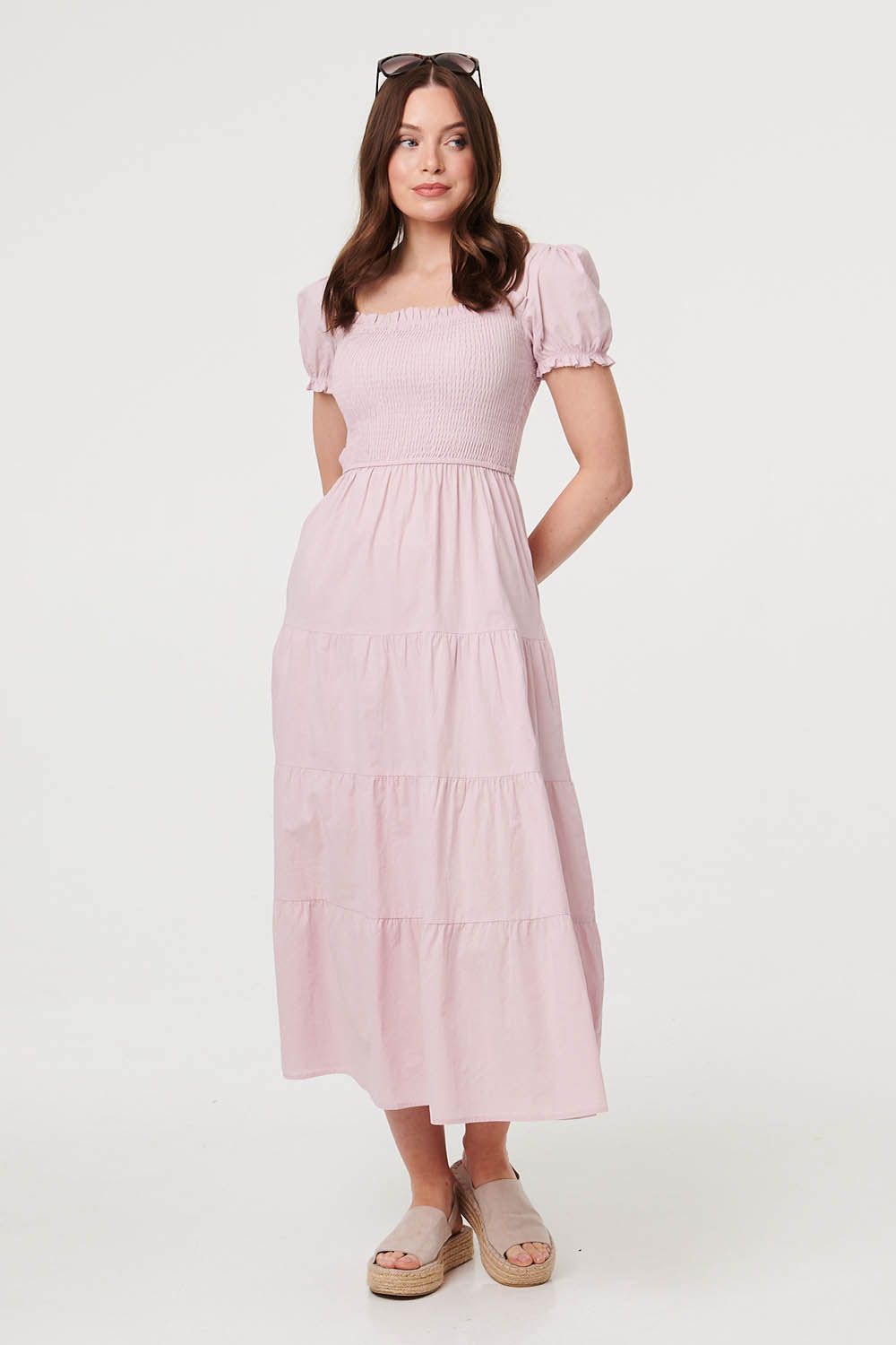 Izabel London Tiered Shirred Puff Sleeve Midi Dress