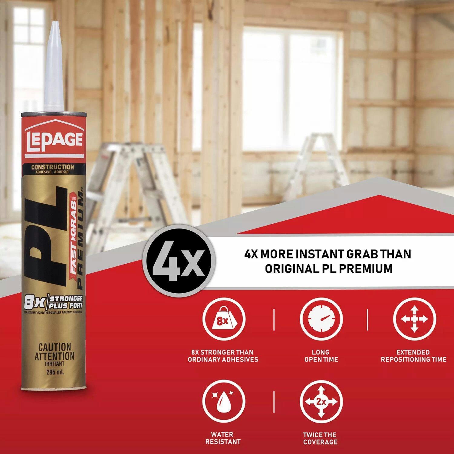 LePage PL Fast Grab Premium Polyurethane Construction Adhesive Glue, Grey, 295-mL