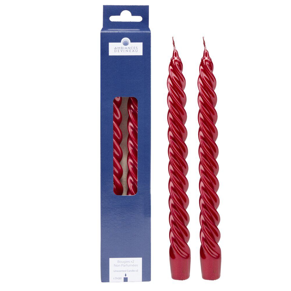 Bougie cire X2 pcs forme flambeau torsadé H25 cm rouge