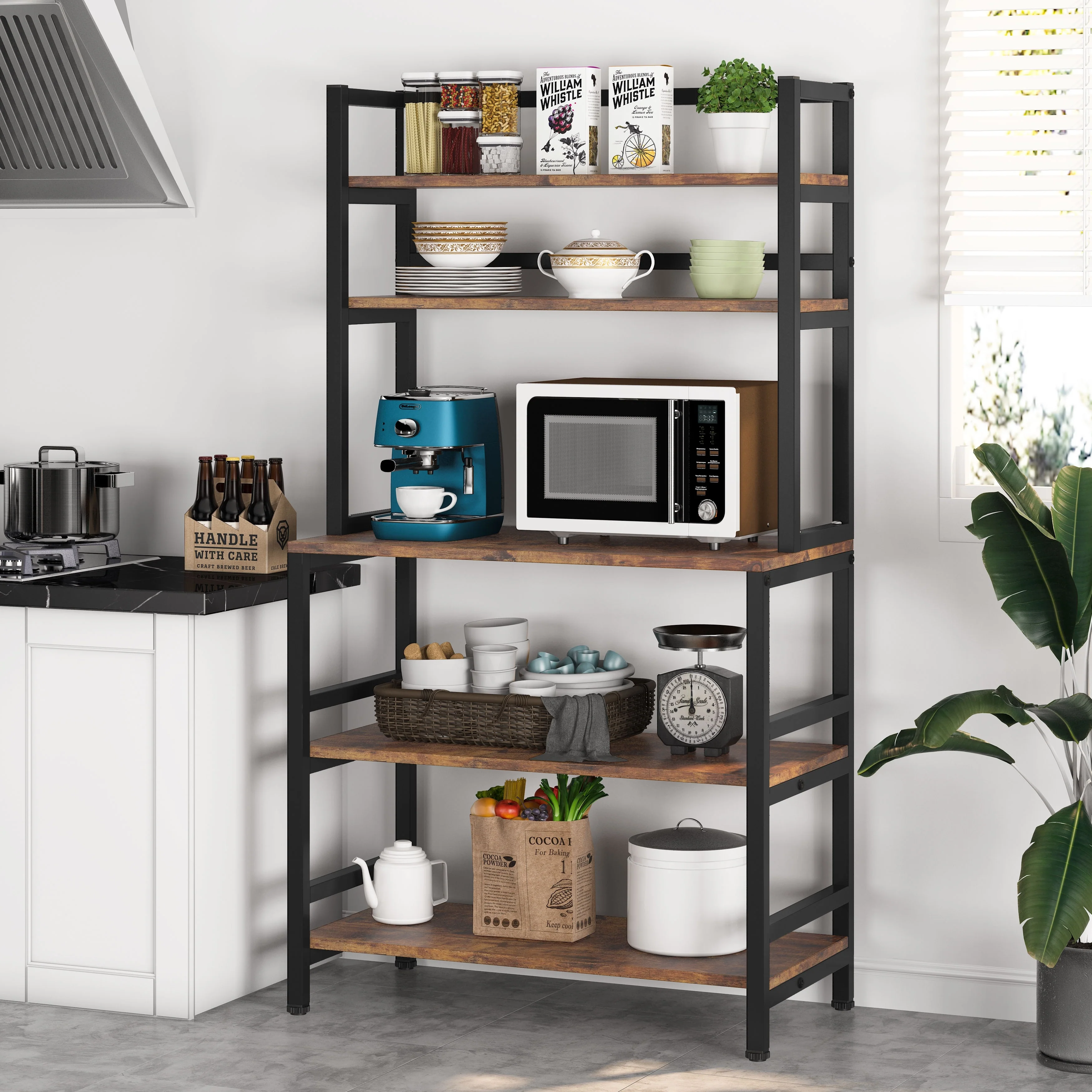Brown/ Black 5-Tier Industrial Kitchen Bakers Rack Microwave Stand with Hutch,White Modern Kitchen Utility Storage Shelf