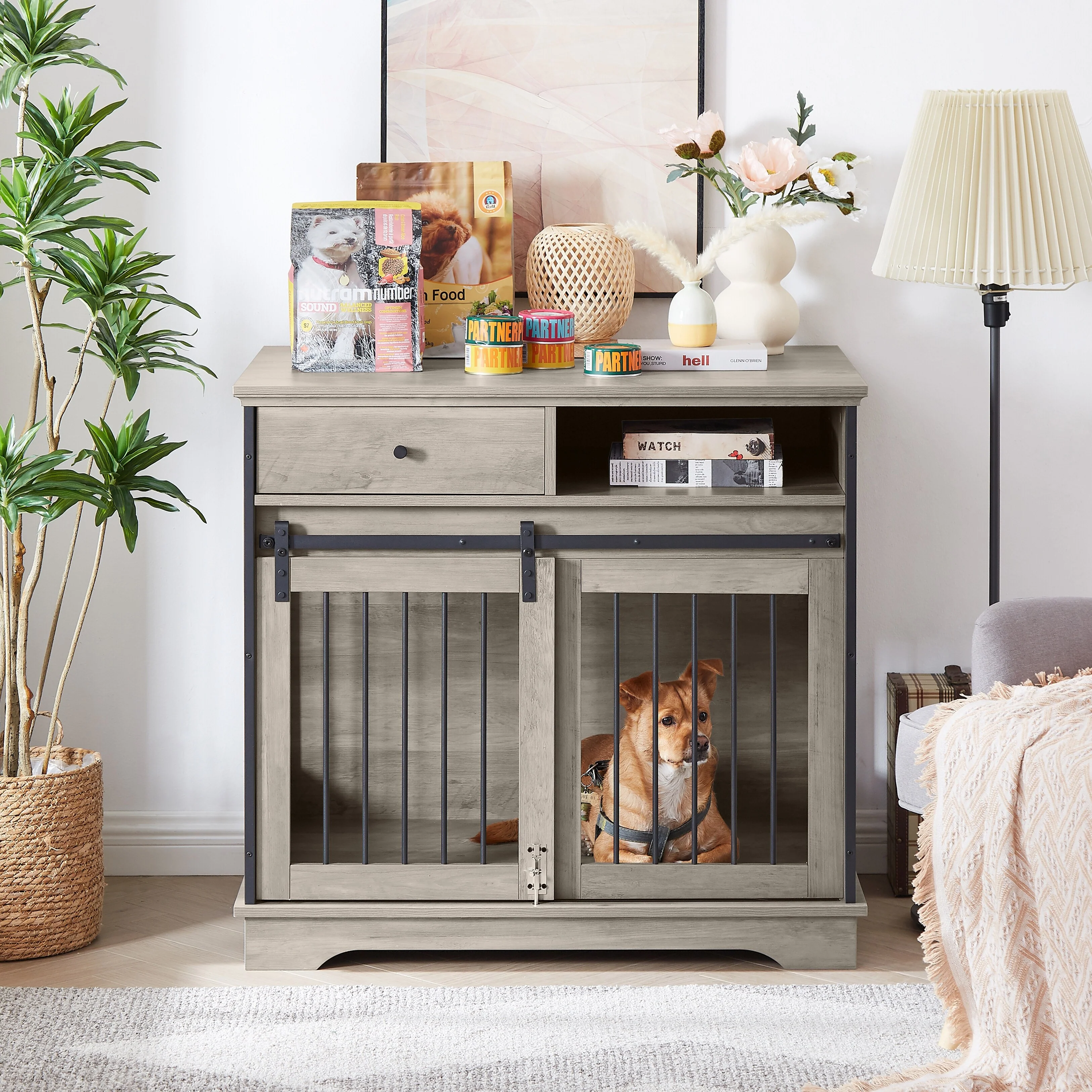 Sliding Door Dog Crate With Drawers,Grey,35.43'' W X 23.62'' D X 33.46'' H