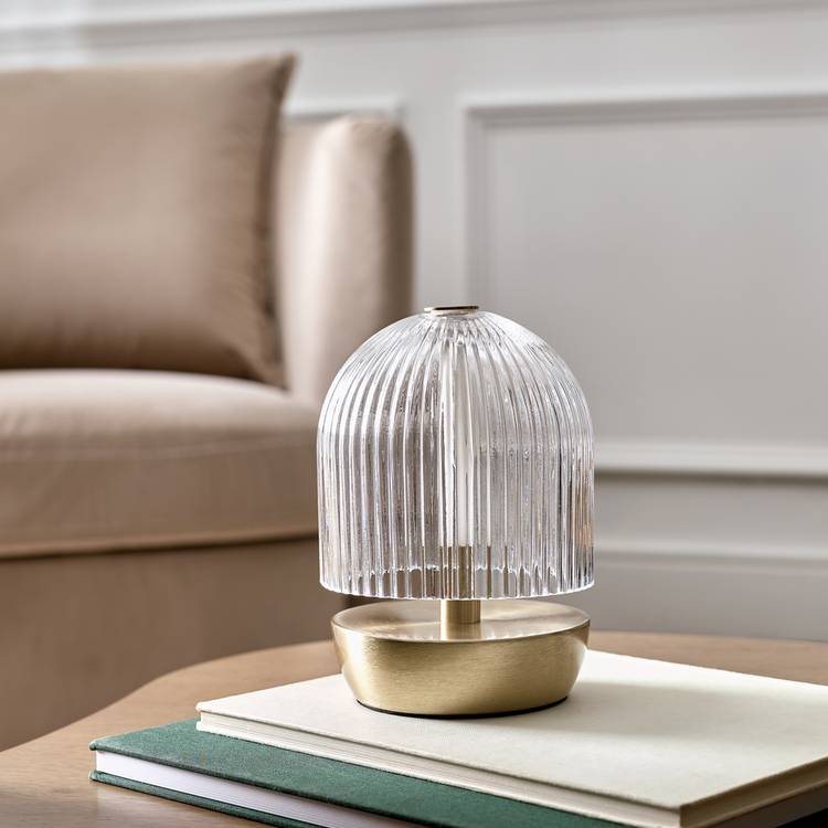 Habitat Ribbed Glass Portable Table Lamp - Brushed Brass