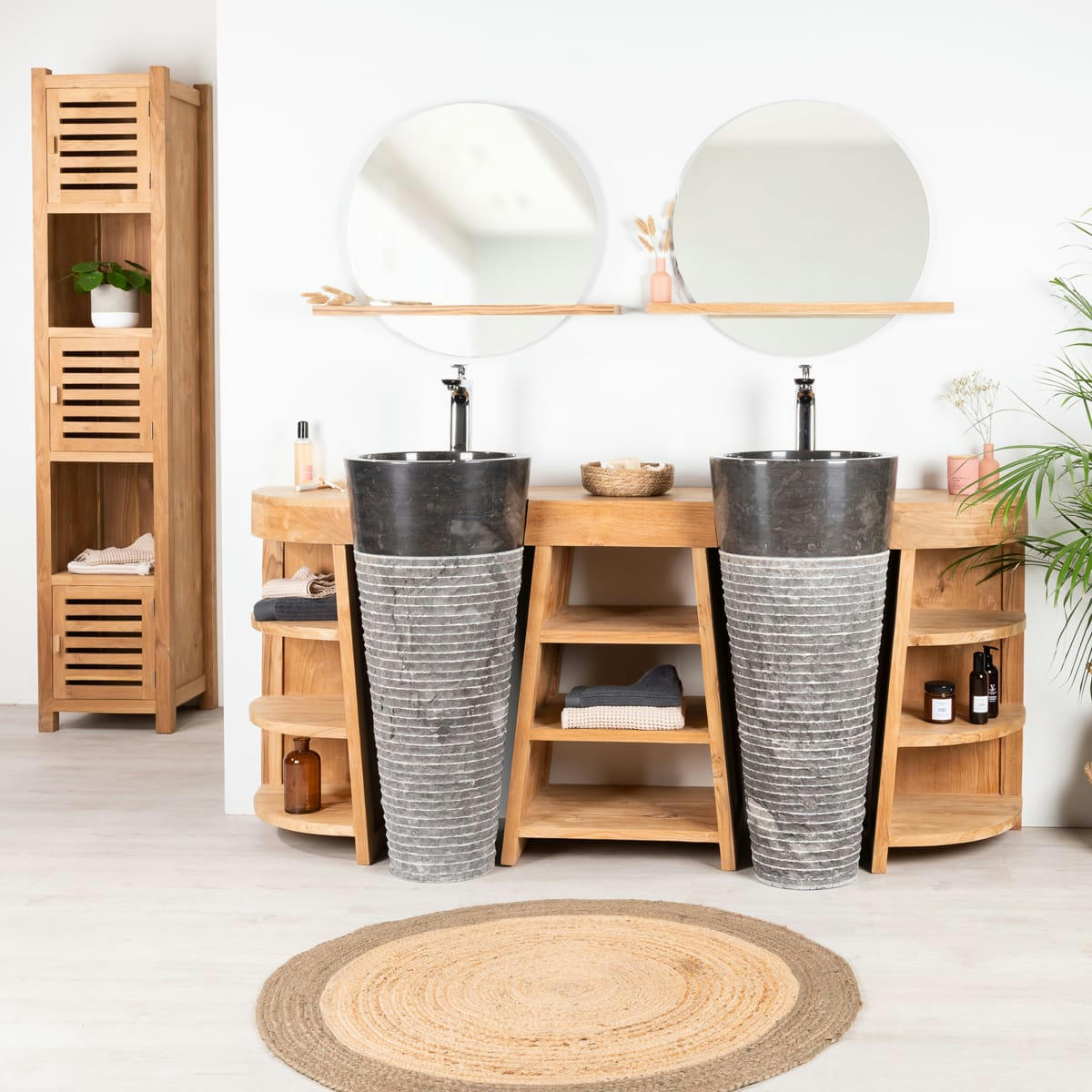 - Meuble sous vasque en teck double 180cm + vasques noir