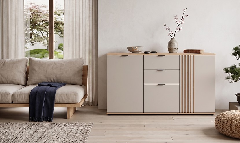Komoda Brevas 150 cm z 3 drzwiami i 2 szufladami dąb artisan/kaszmir
