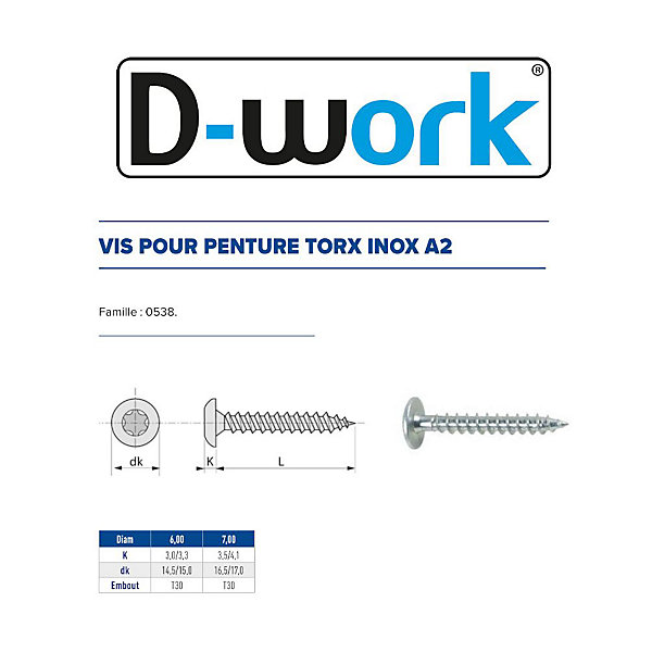 200 Vis Bois pour Penture Torx TX30 6 x 30 mm - Inox A2 - D-Work