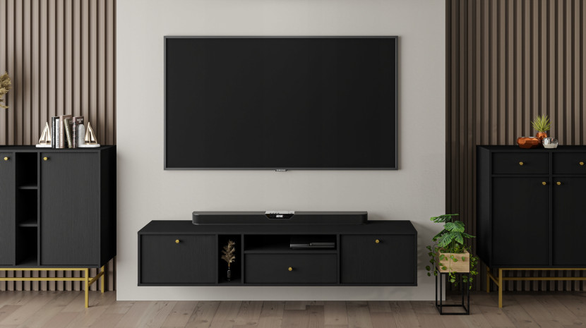 CZARNA SZAFKA RTV 180 cm AVILA Wisząca METALOWE Uchwyty 2D1S