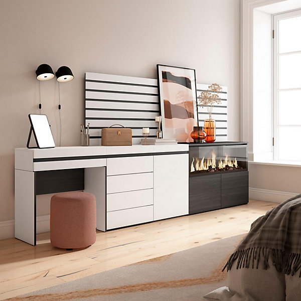 Coiffeuse 284x35x145cm feu led sans chaleur XXL commode buffet blanc