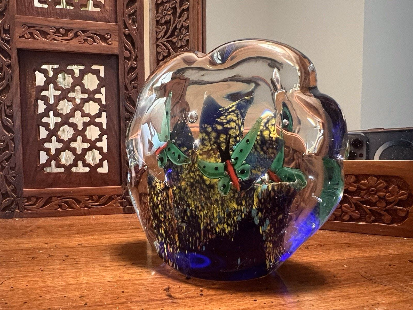 Vintage Murano Hand Blown Glass Painted Butterflies Aquarium Scalloped Paper Weight