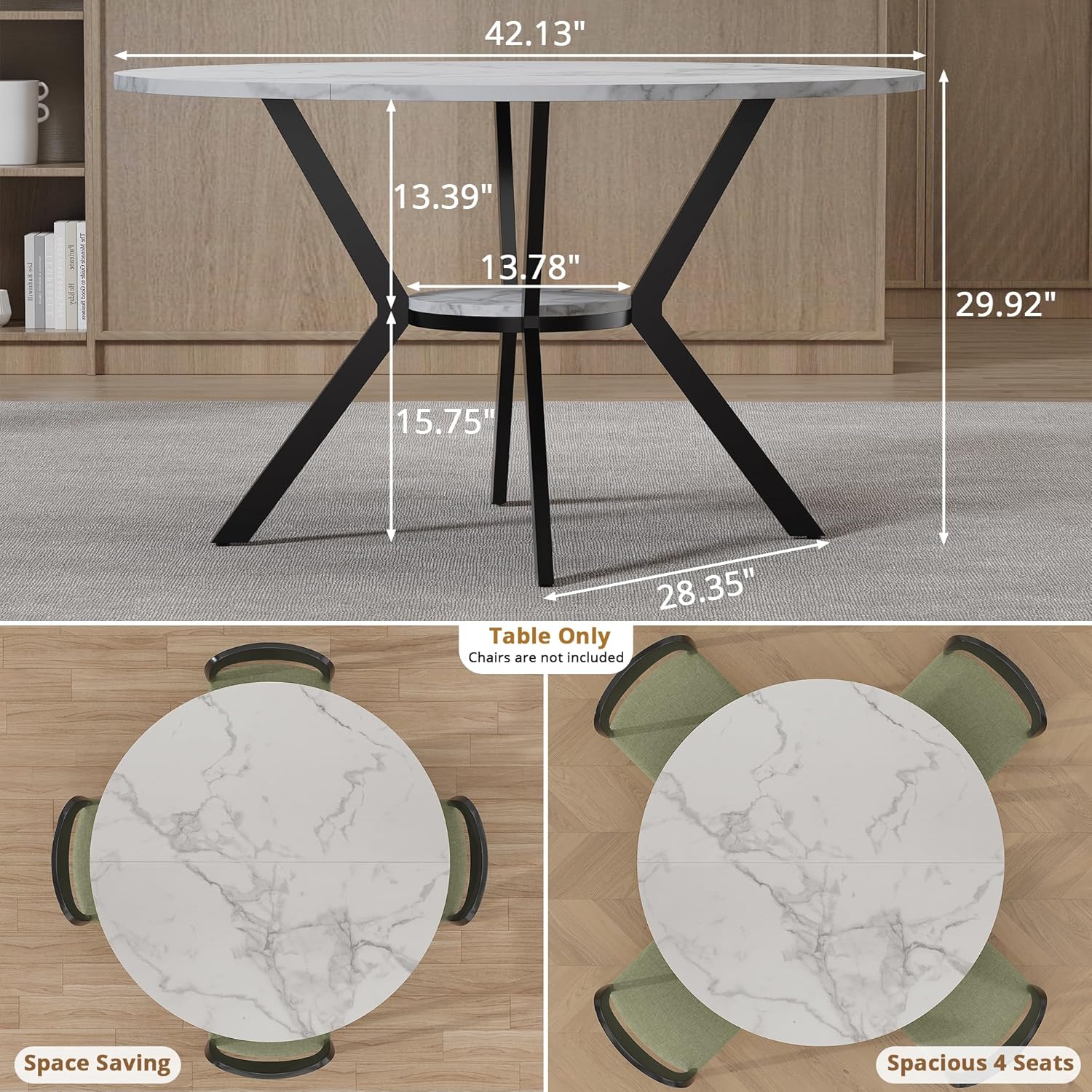 42 Round Dining Table for 2-4, Modern Kitchen Table with Faux Marble Tabletop & Metal Legs, Space Saving Circle Table with Storage, Wood Kitchen & Dining Room Tables for Kitchen Dining Room