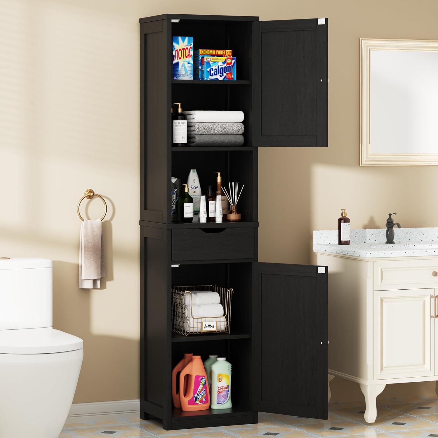 Walsunny Tall Bathroom Storage Cabinet with Freestanding Adjustable Shelves, Narrow Storage Linen Cabinet with 2 Doors and 1 Drawer for Bathroom, Living Room, Kitchen, Black
