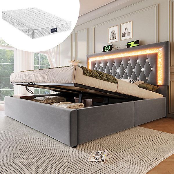 Lit double velours,160x200x85cm,gris,LED recharge USB, rangement hydraulique avec matelas