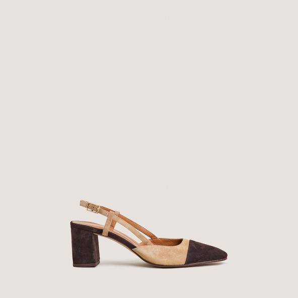 Slingbacks à talonsen velours marron foncé et velours camel | DHAPOP