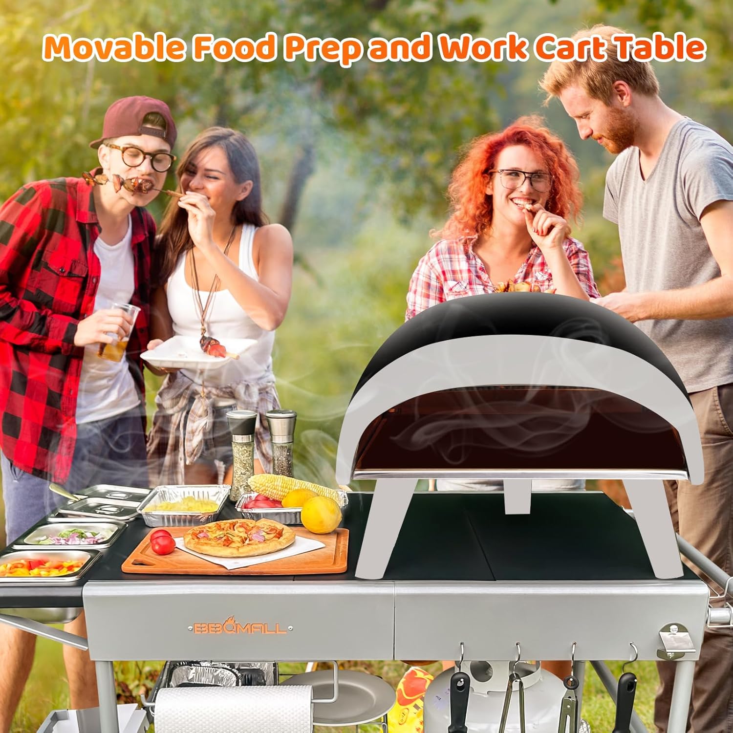 Pizza Oven Table Grill Cart with Pizza Topping Station Movable Food and Prep Workcart Outdoor Grill Table Stand for Ninja Woodfire Blackstone Griddle Cuisinart etc Grill  Barbecue tool set